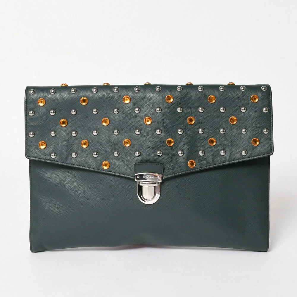Prada Clutch Bag Studded Rhinestone Saffiano Leather Triangle Dark Green